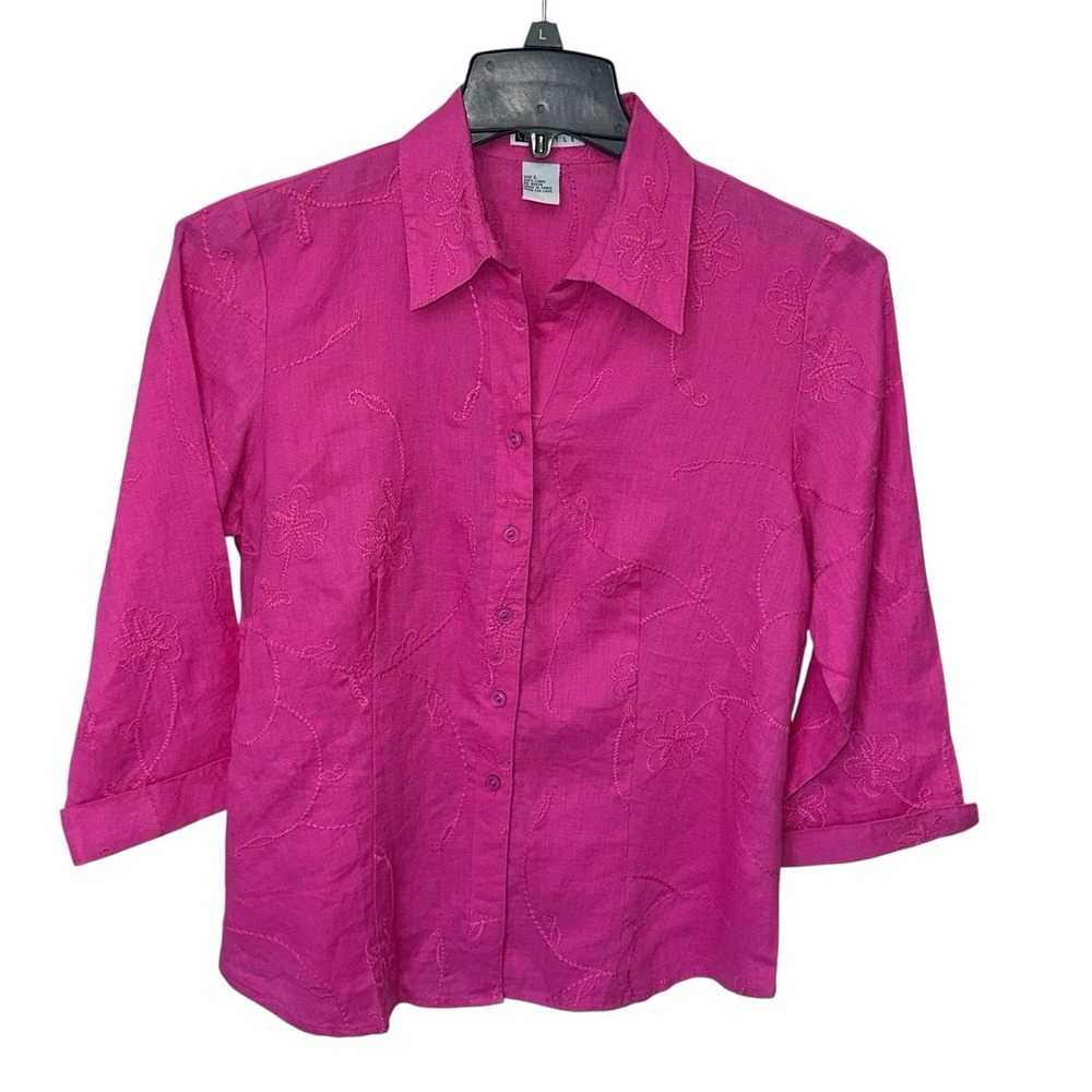 Carole Little 100% Linen Shirt Blouse Womens Size L Pink 3/4 Sleeve Embroidered